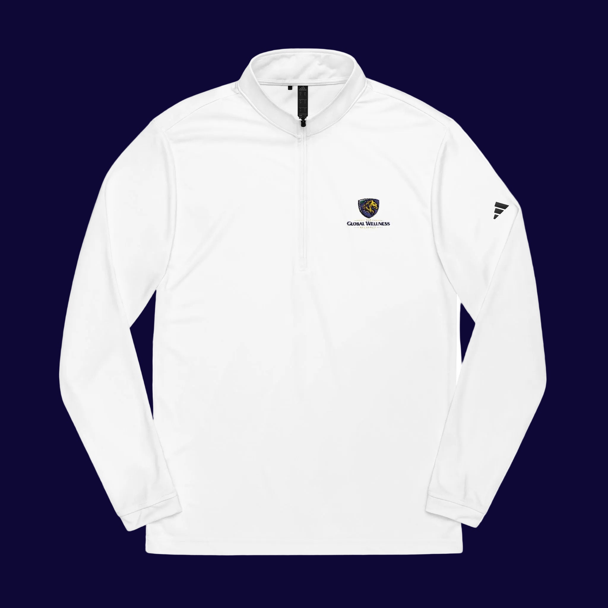 Embroidered Quarter-Zip Pullover — White Performance Top with Crest
