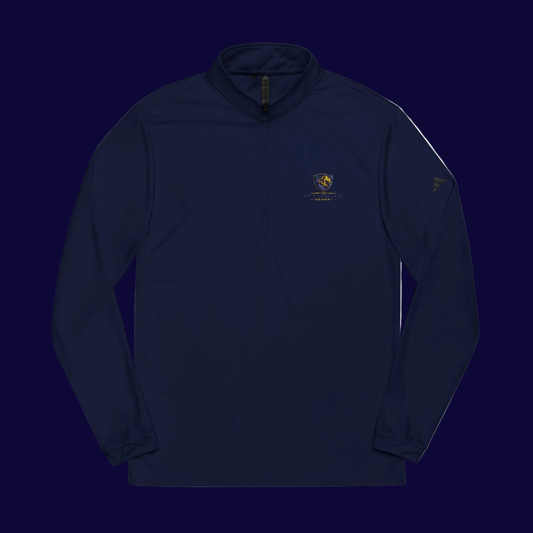 Embroidered Quarter-Zip Pullover — White Performance Top with Crest