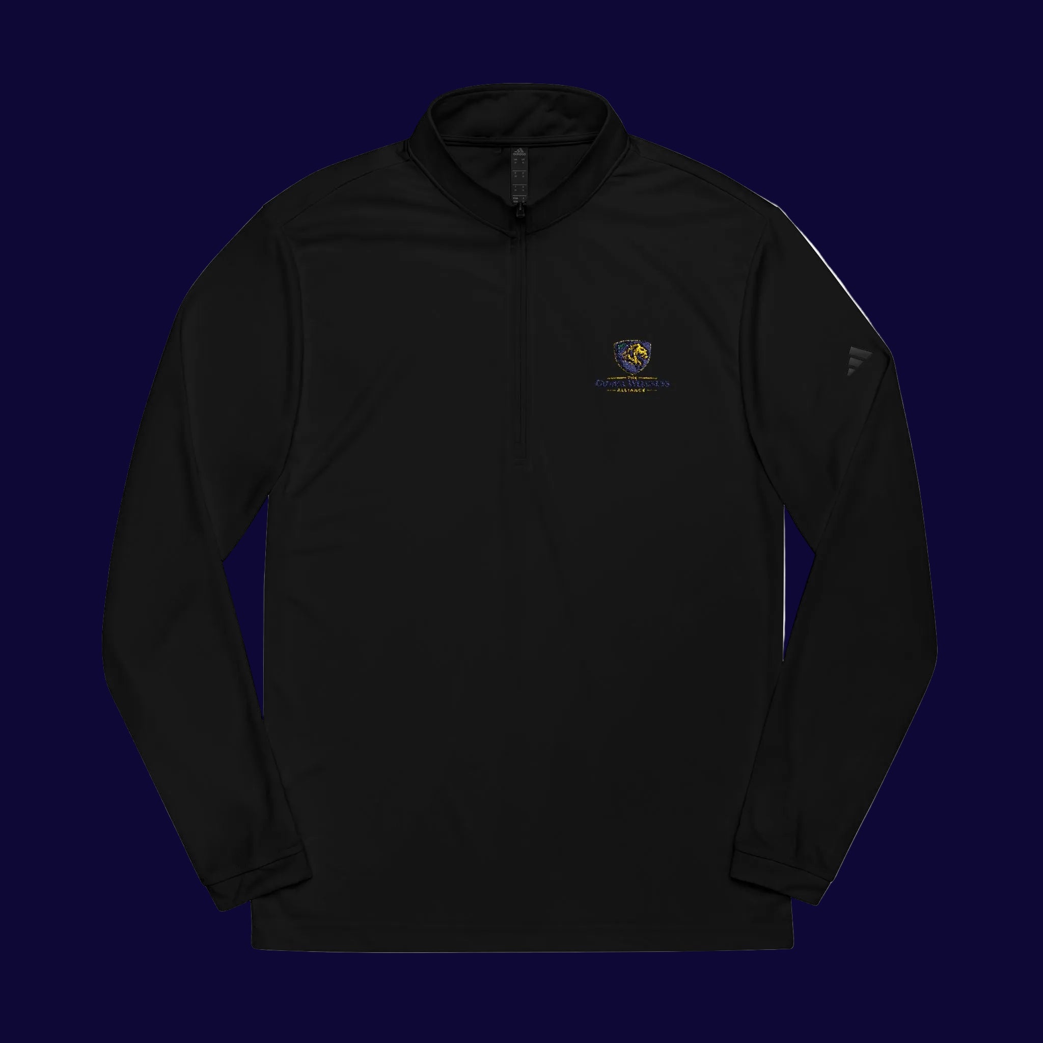 Embroidered Quarter-Zip Pullover — White Performance Top with Crest