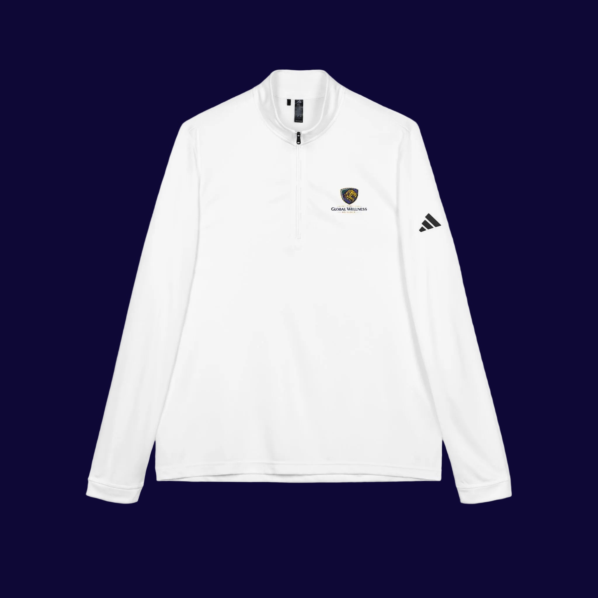 Embroidered Quarter-Zip Pullover — White Performance Top with Crest